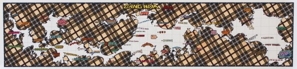 White silhouette of a long rough edged ambiguous shape that alludes to a land mass with a checkered brown background At the top center of the piece in bold yellow letters reads the words Gang Nam and throughout the piece several other locations streets businesses and brands are scattered about