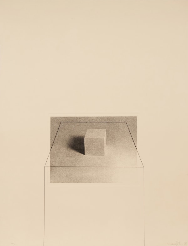 Dark grainy etching depicting a cube that casts a dramatic shadow to its left. The contours of a podium have been drawn in pencil over the etching creating the illusion that the cube is resting on top of the podium