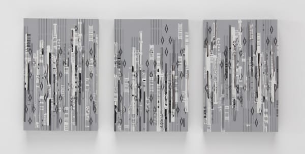 Three separate gray painted panels with several silkscreen layers of white black and gray acrylic paint overlap and display multiple patterns The patterns reference various indigenous textile motifs