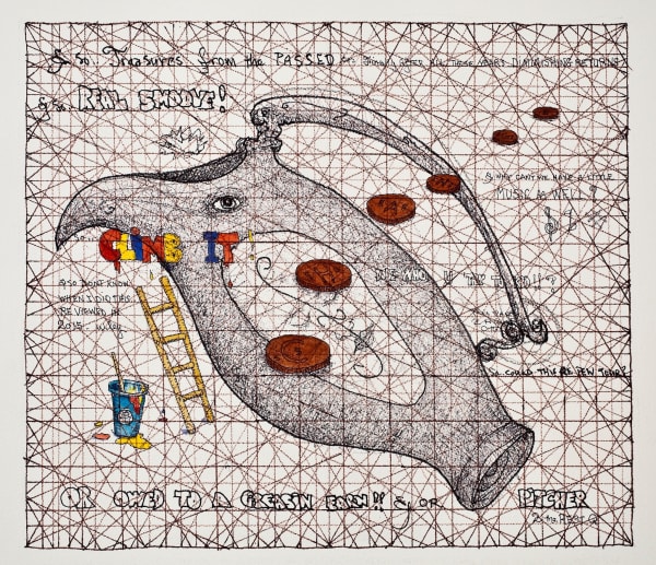 William T. Wiley Owed to a Greasin' Earn, 2015 watercolor and ink on paper 20 x 22 1/5 inches 25 3/4 x 28 1/4 inches framed