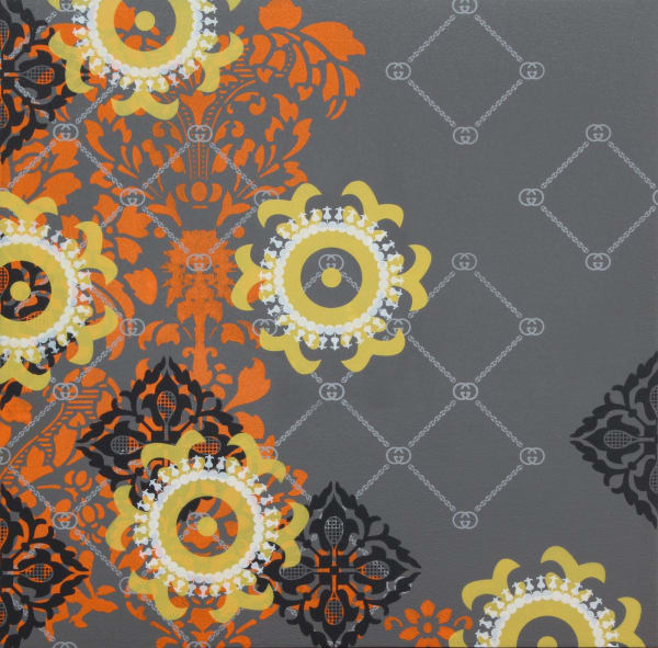 Several layers of multi-colored acrylic paint overlap to display multiple patterns against a gray painted panel The symbols depict vegetal and central asian suzani motifs with luxury brand icons