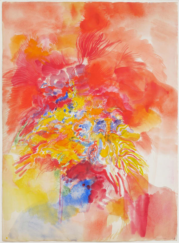 Vibrant swatches of predominantly red yellow and blue watercolor cover the surface of the piece to create an exploding abstract scene
