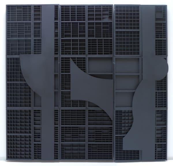 Louise Nevelson City Series, 1974 wood painted black 96 1/2 x 100 1/4 x 2 1/2 in 245.1 x 254.6 x 6.3 cm