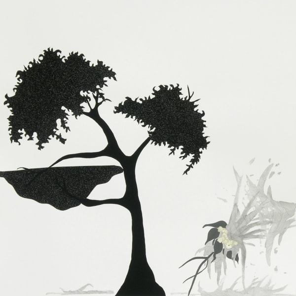 Abstract mixed media piece depicting a large black silhouetted leafy tree to the far left. The tree holds a piece of lump land and to its right two smaller gray and green flowers crash into each other and drip down the paper in the lower right corner