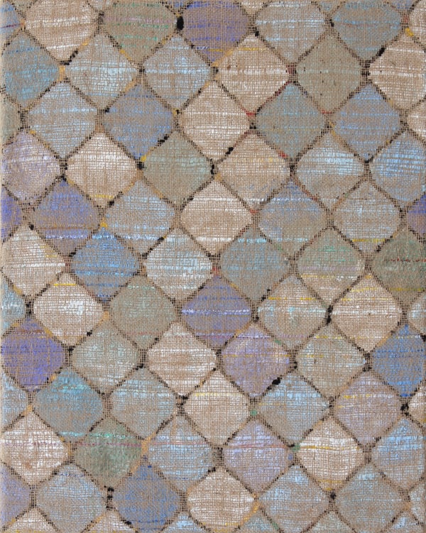 Dark lines create a fishnet pattern visible through exposed tan burlap. Some of the gaps created by the fishnet pattern are filled in with blue, green or purple paint and others are left with the natural tan color of the burlap.