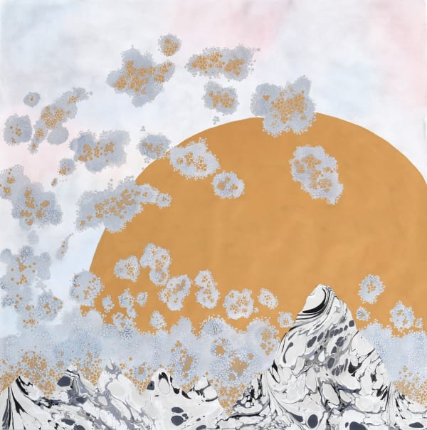Mixed media landscape of multiple black and white marbled mountain tops. A gigantic gold metallic moon peeks out from behind the mountains while silver and gold pointillism clouds blotch out parts of the moon and mountain