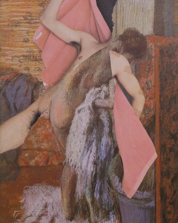 Abstracted collage of a nude body and other colorful, patterned shapes.