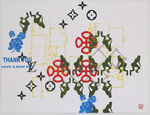 Several silkscreen layers of multi-colored acrylic paint overlap to display several patterns on white paper The symbols depict various asian stereotypes, luxury brand icons, and elements from the artist’s own Asian American upbringing in the primarily white suburb of Orange County California