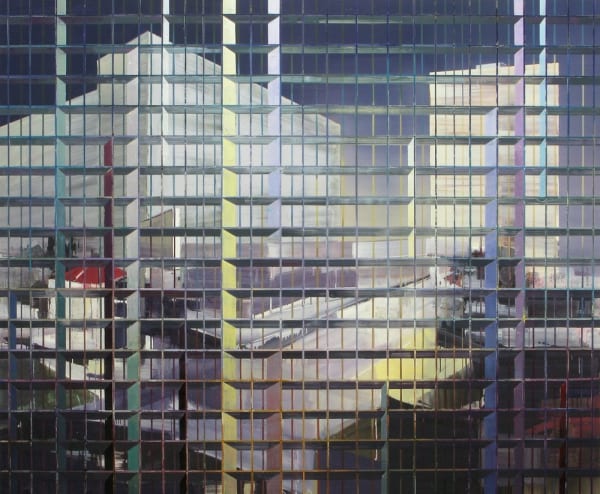 Abstract urban landscape with two high rise buildings and large empty streets under a dark blue night sky A multi-colored grid of alternating thin and thick horizontal and vertical lines form the illusion of foreground scaffolding