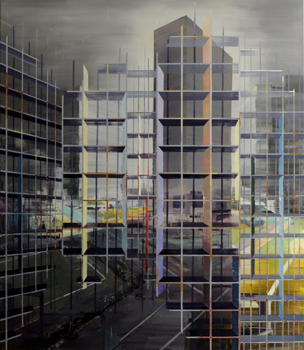 Dark abstract urban landscape with multiple grayscale high rise buildings and streets with small areas of green scape A multi-colored grid of alternating thin and thick horizontal and vertical lines form the illusion of foreground scaffolding