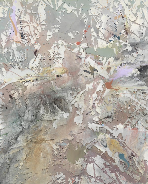 Against a light tan background, gray, orange and green shapes texture the canvas, criss-crossing in a chaotic manner. Orange, light purple and black paint is splashed on top.