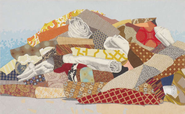 Amy Wilson Faville Carpet Mountain, 2012 upholstery samples, vintage wallpaper, fabric, blank hospital forms, watercolor paper, graphite on wood 30 x 48 in 76.2 x 121.9 cm