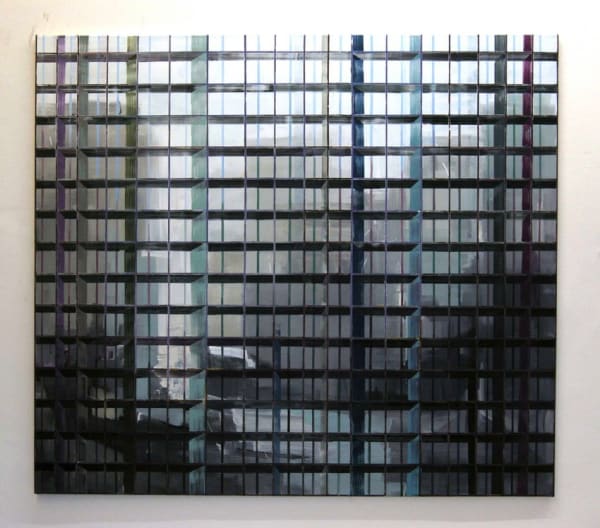 Blurry pale blue green and gray landscape with faded shapes that allude to high rise buildings with a dark multi-colored grid of alternating thin and thick horizontal and vertical lines form the illusion of foreground scaffolding