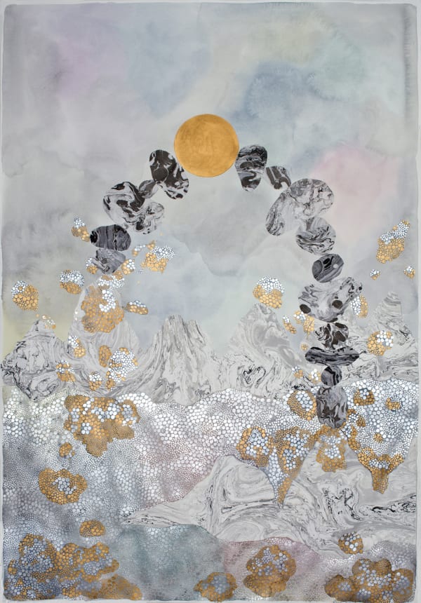 Mixed media landscape of two black and white marbled stone stacks that form a loose archway with the gold metallic moon at the upper center of the piece acting as the keystone. A black and white marble range is visible in the background while a lake of silver and gold pointillism liquid constitutes the bottom foreground