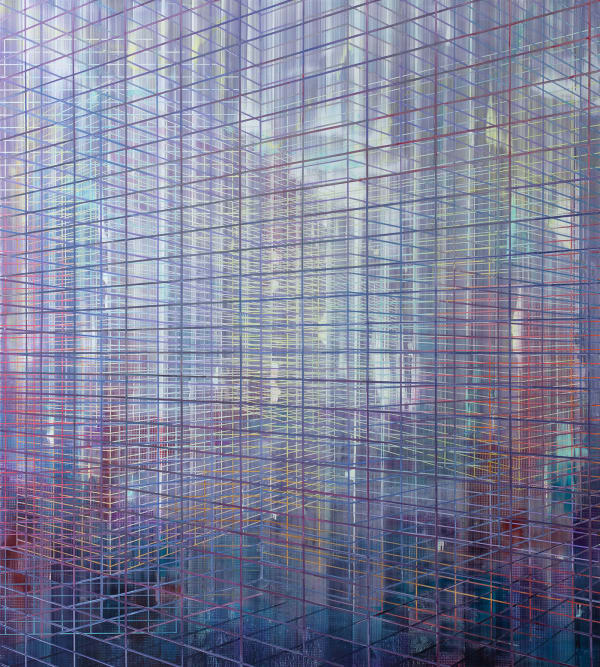 Multi-colored thin straight lines overlap and intersect to create a digital like graph amongst dark and light blues reds and purples