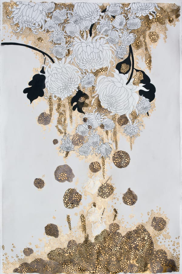 Abstract mixed media piece in which several variously sized chrysanthemums and shiny droplets made out of multiple tiny gold dots cascade down from the top center of the piece to the bottom