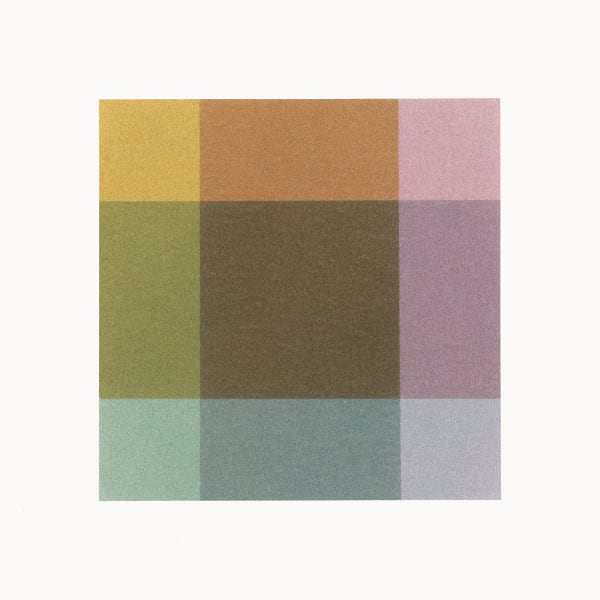 Nine colorfields create a square shape against a white background. The color field around the square’s perimeter are yellow, orange, pink, purple, gray, blue, turquoise, green, and they all overlap to create the central brown colorfield.