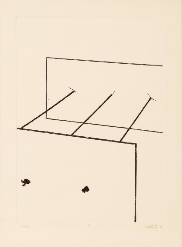 Printed etching on beige paper that depicts several straight lines which form two spaced out rectangles. Straight strings of black yarn are placed in between the two rectangles appearing to connect them. To the lower left of the piece two knotted yarn heads are cut and pasted onto the paper forming the ends of the rectangles connections