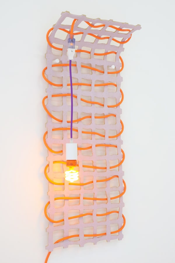 Dana Hemenway Untitled (Grid No. 5 – Purple), 2016 ceramics, glaze, orange extension cord, custom fixture, colored CFL bulb 39 x 17 x 10 in 99.1 x 43.2 x 25.4 cm