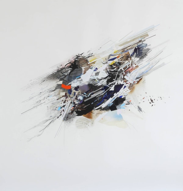 Abstract mixed media piece of a multicolored exploding mass of various layered and interconnecting geometric patterns, swirls, paint splotches and watercolor washes centered on the paper and surrounded by white negative space