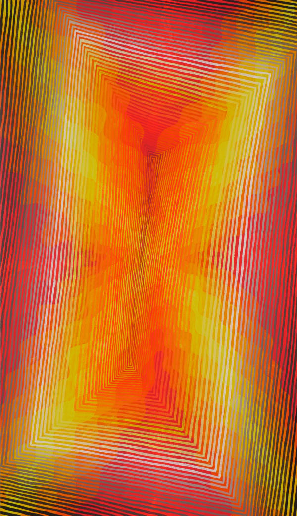 Wavy yellow, orange and red lines create a radiating "X", overlaid with radiating rectangles.