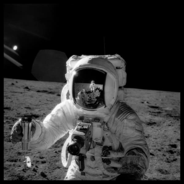 Michael Light FULL MOON #69: Alan Bean collects sample of lunar soil; Photographed by Charles Conrad, Apollo 12, November 14-24, 1969, 1999 monochrome type C print 24 1/2 x 24 1/2 in 62.2 x 62.2 cm