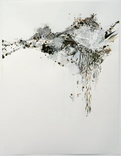 Abstract mixed media piece of a dominantly black and earth toned cloud form made out of various organic shapes, dots and waves, and patterns reminiscent of scientific molecular diagrams. The cloud form is located at the upper right of the piece and surrounded by white negative space