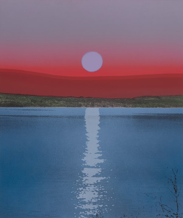 Multiple silkscreen layers of blue green red and purple paint form a constructed landscape of distant shore A small light blue circle alludes to a full moon in the sky above the water and a thick light blue distorted line creates the illusion of moonlight on the water