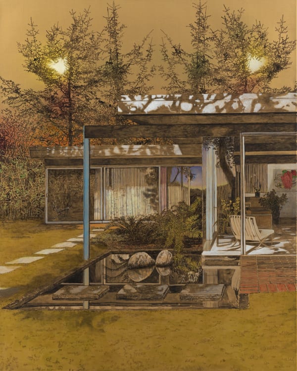 Single story Mid Century modern home with patio, small man-made pond and yellowing front lawn. Trees, bright glow from sun, and golden sky are all visible from behind house. Scene is painted in golden sepia tones.