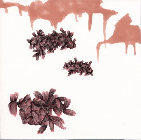 Ink and marker create three separate clusters of intertwined veiny pink flower petals which float towards the left of the piece. Two sets of orange dripping clouds float above the clusters