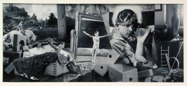 Black and white photo collage of several images including young female gymnast, boy wearing Christ’s crown of thorns, nude man riding white horse, and a hilly landscape scene. In the foreground are children’s wooden blocks.