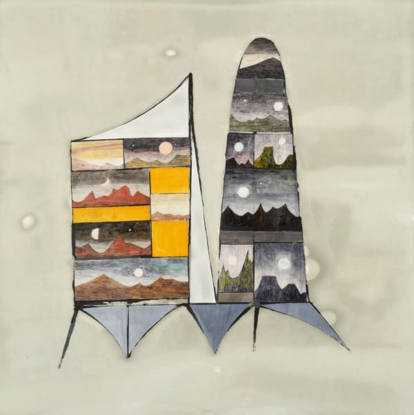 Vibrant mixed media piece depicting a geometric figure made out of interspersed cut out black ballpoint pen landscape drawings,multi-colored painted shapes and black lines. A light green wash creates a simple background. The entire piece is covered in a textured bio-resin