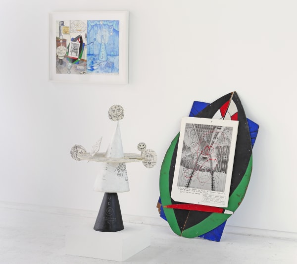 William T. Wiley Consulting the Oracle, 2005 watercolor, ink and graphite on paper; ink, chalk, paper mâché and masking tape; found photograph, acrylic, foam core, board watercolor: 18 x 24 inches/45.7 x 61 cm construction: 36 1/2 x 30 x 17 inches/92.7 x 76.2 x 43.2 cm construction: 46 1/2 x 30 1/2 x 1 inches/118.1 x 77.5 x 2.5 cm