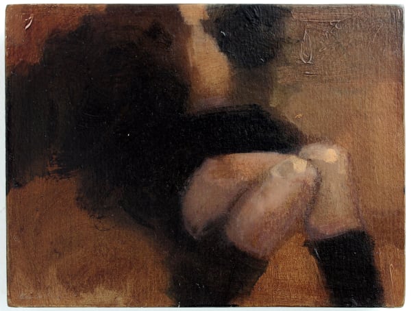 Body of seated woman wearing black boots, skirt, and coat against an orange background. Woman’s head is cropped out from composition.