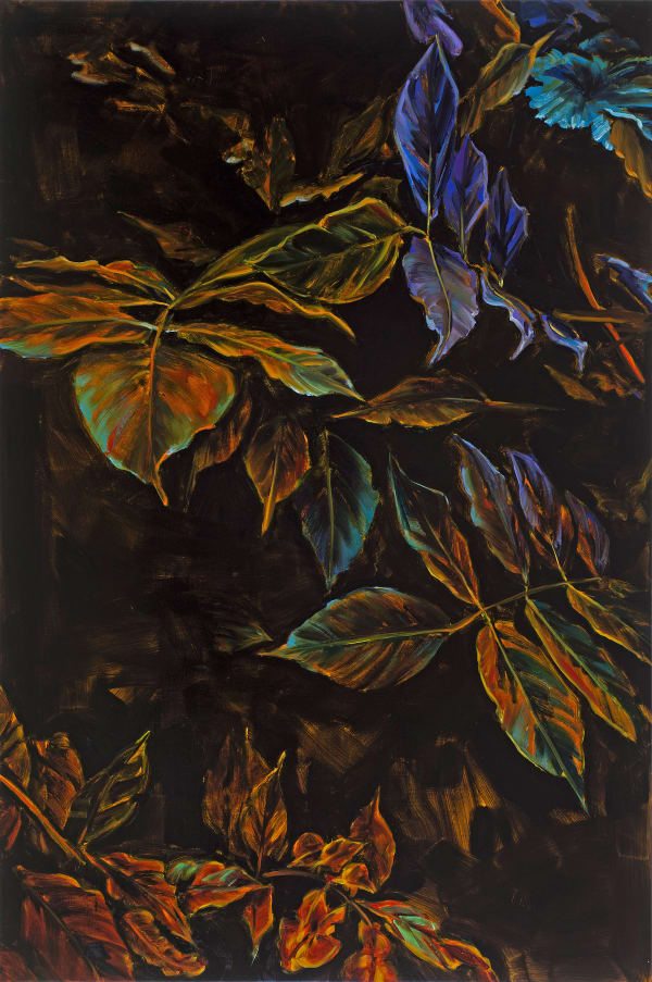 Aged leaves in shades of green, orange and purple contrast with dark background.