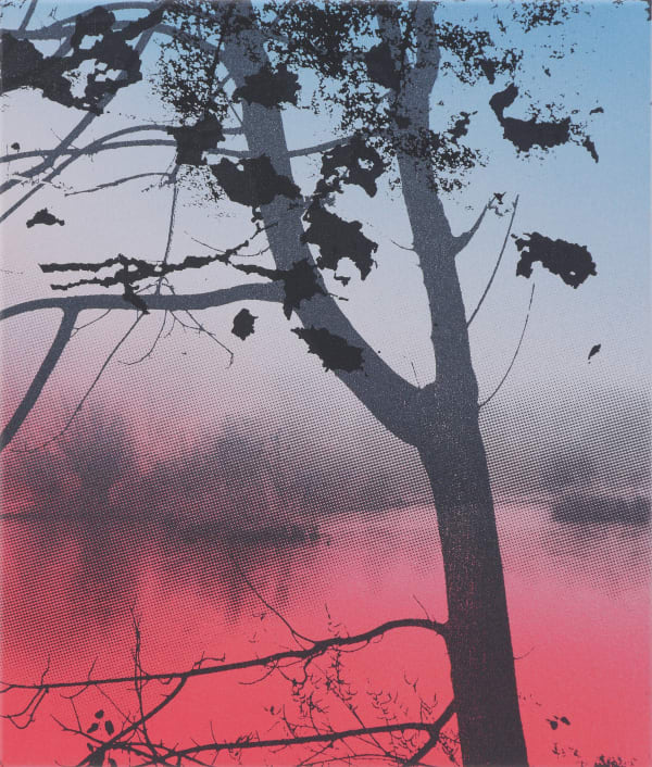 Multiple silkscreen layers of black blue and hot pink form a constructed landscape of a blurred and heavily pixelated river bank In the foreground stretches a silhouette of the top of a thin tree with several black leave-like blotches