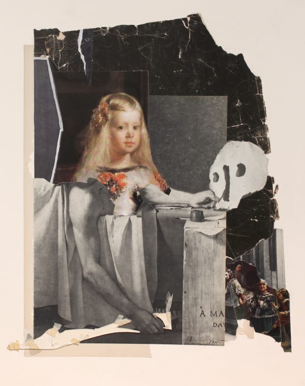 Princess Margarita as depicted in Velázquez’s Las Meninas with adult male arms. Princess Margarita is collaged with desk and writing implements from The Death of Marat by David, a crudely drawn skull, and the maids from Las Meninas.