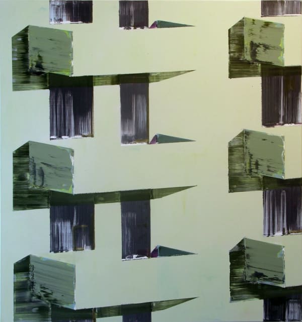 Painting of six smooth urban pale green concrete balconies with darker shades on the sides to create the illusion of volume and depth alluding to urban balconies