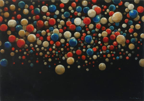 Against a black background, white, blue, and red spheres of many sizes fill the top two-thirds of the canvas.