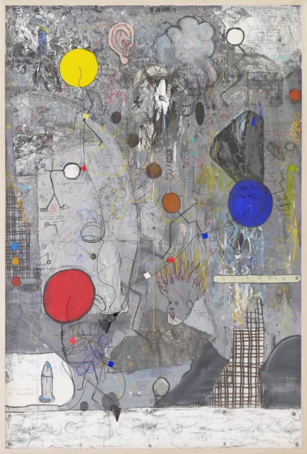 Grey drawing with three circles in primary colors. This piece is about 9/11 attack,featuring smoke plumes and screaming burning head.