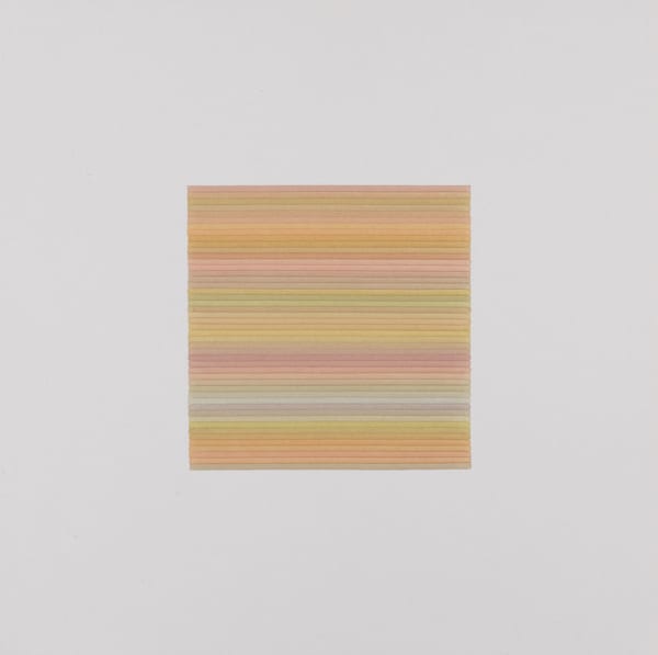 A series of many stacked colorful horizontal lines create a square against a white background.