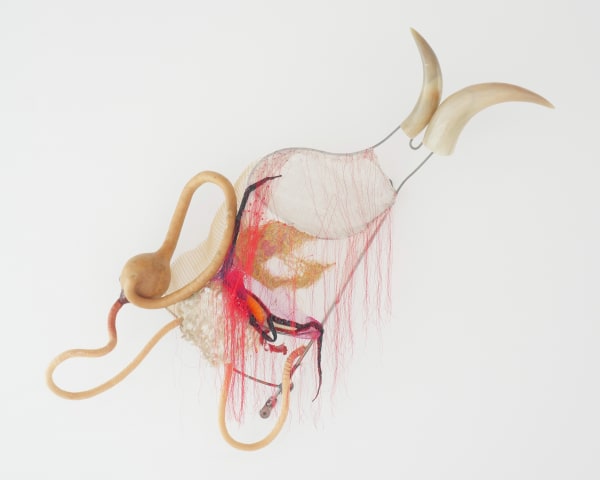 Rina Banerjee Pinched horn, infallibility of empires’ wish to claim virtue, disordered when evil is sung in sing song surrender to greed bled civilization with no need., 2024 horns, gourd, silk, fabric, sequins, beads, dyed rope, shells 36 x 40 x 12 in 91.4 x 101.6 x 30.5 cm