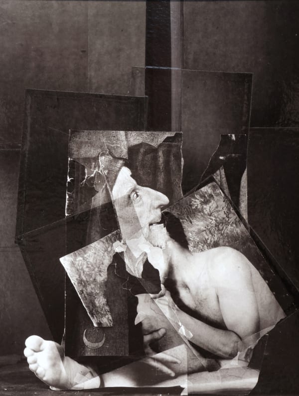 Black and white photo collage of human body parts including a man’s face in profile (with shocked expression), torso, arms, fingers and a foot.