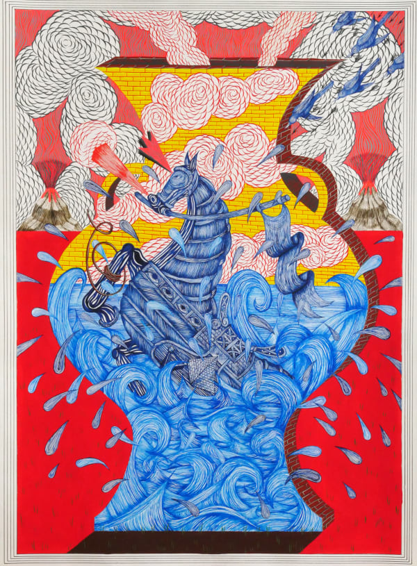 Red background with white scalloped clouds and mountains spewing red wavy lines. Yellow brick vessel is patterned with an ocean, a blue being that is part-horse, part-ship, and red and white clouds.