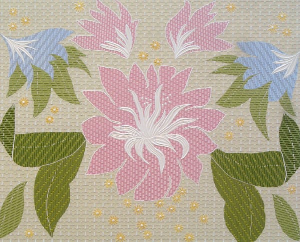 Heavily layered and textured pastel paints on canvas create an intricate woven pattern inspired by a typical dress worn by Pat Nixon. The pattern consists of blue pink and yellow flowers of varying sizes surrounded by big green leaves. The beige and white gridded pattern in the background is also built up with several layers of paint