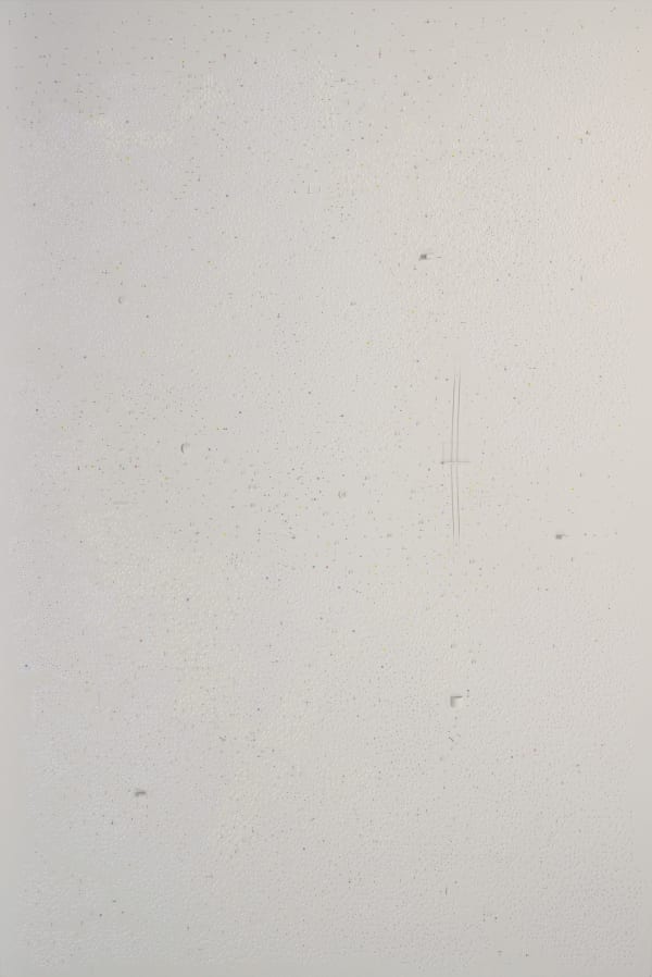 Hundreds of minuscule 1D white cutouts on a white background with scattered 3D white flaps.