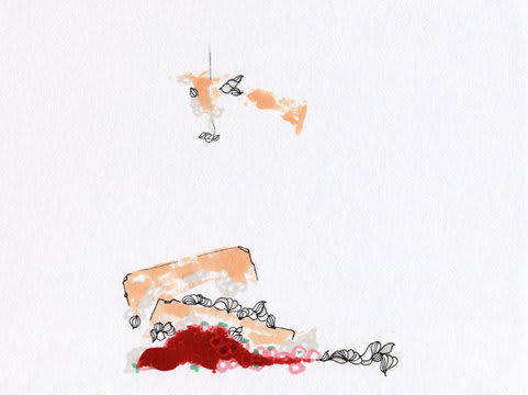 Ink and marker create an crushed upside down vanilla cake with white icing. A red clump at the bottom of and underneath the cake alludes to a pile of strawberries and strawberry filling. An abstract portion of the cake floats above its toppled parent