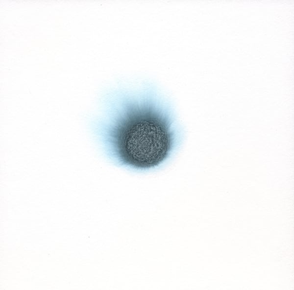 Faint blue rays create a light glow surrounding a dense dark blue and gray circular mass in the center of white canvas.