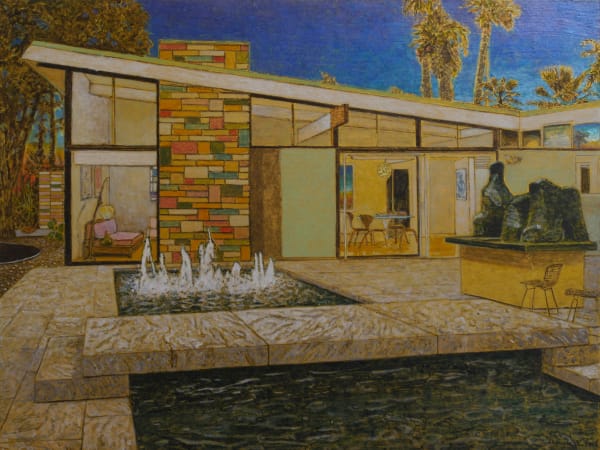 Set against deep blue sky and palm trees, scene is of colorful Mid Century modern house and patio with outdoor modern fire pit, sculpture and a dark pool in the foreground. Inside of house shows empty domestic settings with couch, table and art on the walls.