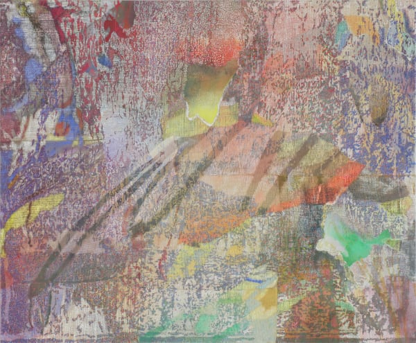 Red dots and larger blocks of colorful paint create a busy layered effect across the entire canvas. Thick dark lines swipe diagonally across the canvas underneath the layers.